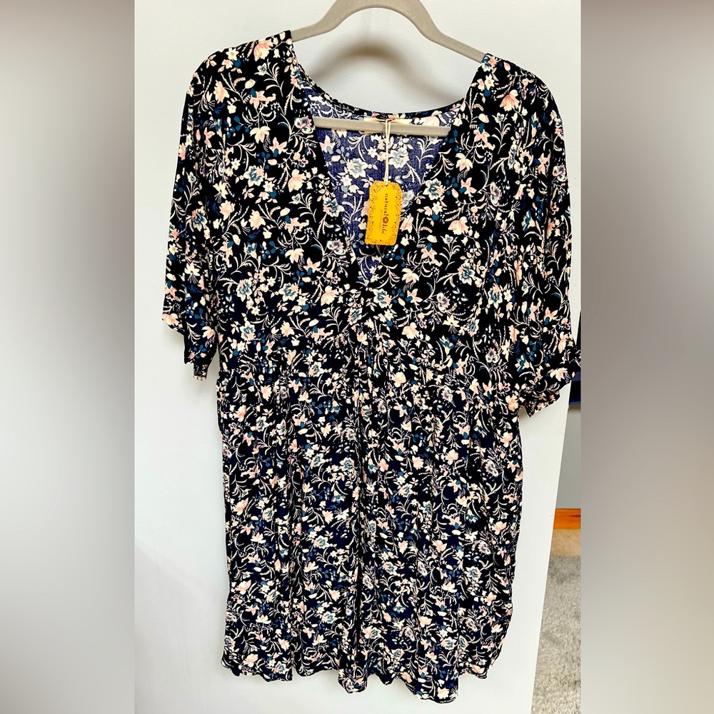 NWT Natural Life Stella V Neck Floral Mini Dress Pockets Multicolor Sz L/XL